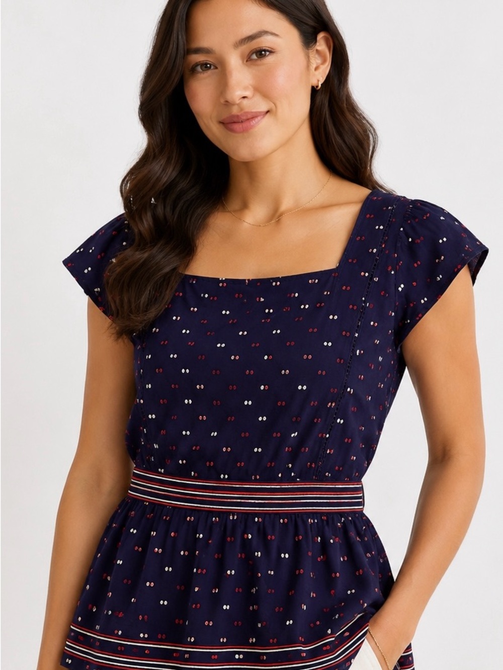 Fei for Anthropologie Navy Printed Tie-Back Blouse | Size 6 | 100% Cotton
